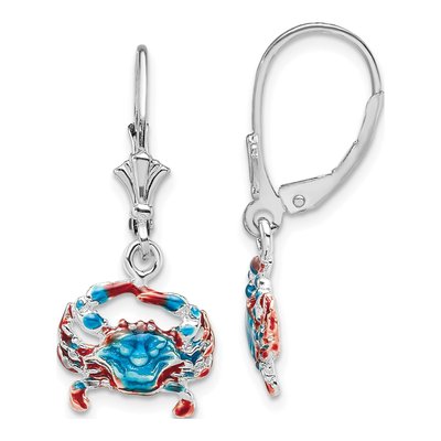 Sterling Silver Enameled Blue Crab Leverback Earrings