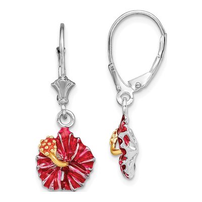 Sterling Silver Red Hibiscus Leverback Earrings