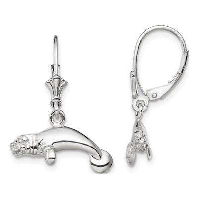 Sterling Silver 3D Manatee Leverback Earrings