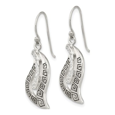Sterling Silver CZ Greek Key Leaf Dangle Earrings – view 3