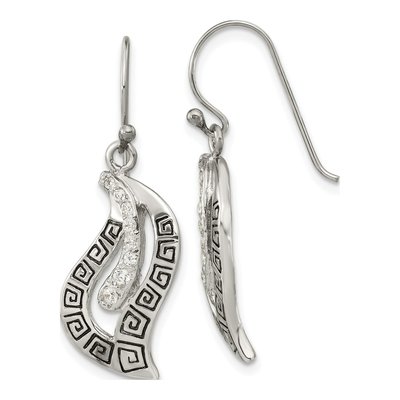Sterling Silver CZ Greek Key Leaf Dangle Earrings