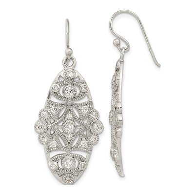 Sterling Silver CZ Fancy Shephard Hook Dangle Earrings