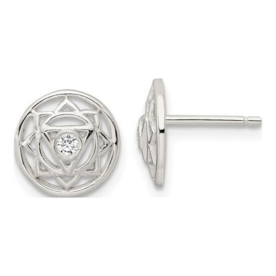 Sterling Silver Round CZ Solar Chakra Triangle Center Stud Earrings