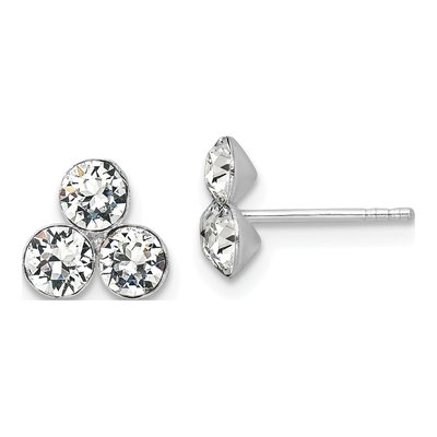 Sterling Silver Round Crystal 3-Stone Button Stud Earrings