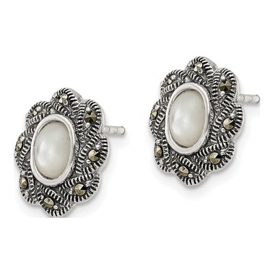 Sterling Silver Oval Mother of Pearl Marcasite MOP Button Stud Earrings – view 3