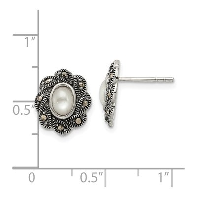 Sterling Silver Oval Mother of Pearl Marcasite MOP Button Stud Earrings – view 5