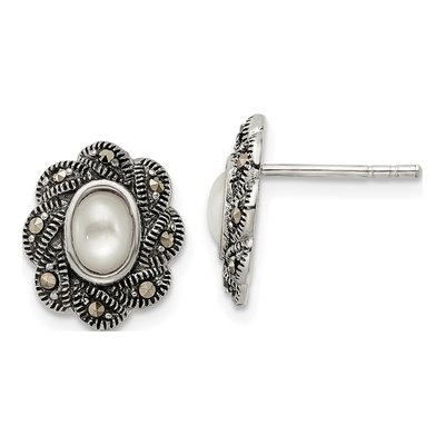 Sterling Silver Oval Mother of Pearl Marcasite MOP Button Stud Earrings