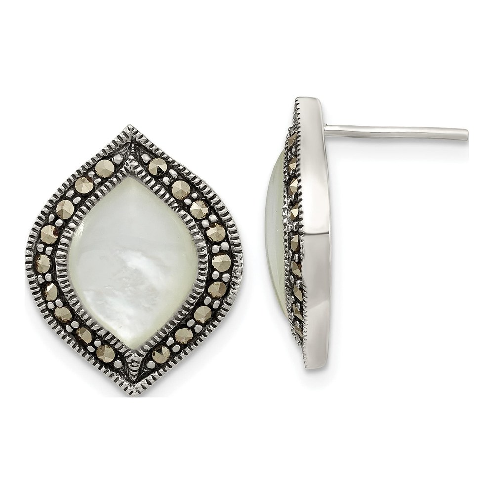Sterling Silver Mother of Pearl Marcasite MOP Dangle Earrings