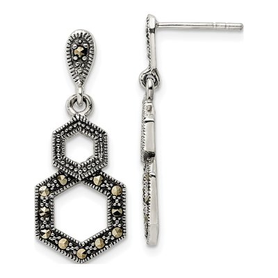 Sterling Silver Marcasite Hexagon Dangle Earrings