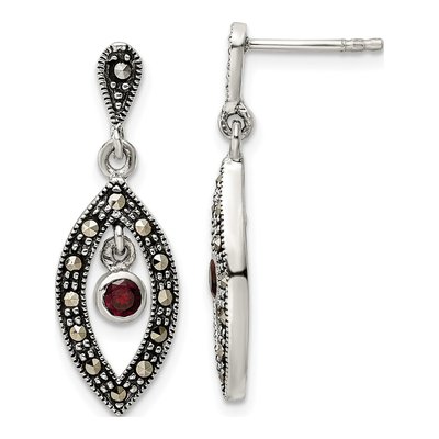 Sterling Silver Marcasite Red Glass Dangle Earrings