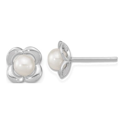 Sterling Silver Round Freshwater Cultured Pearl Flower Stud Earrings