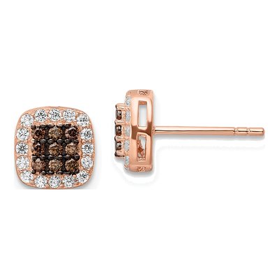 Rose Gold-Plated Sterling Silver Round CZ Square Stud Earrings