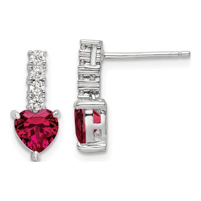 Sterling Silver Lab-Created Ruby & CZ Heart Dangle Earrings