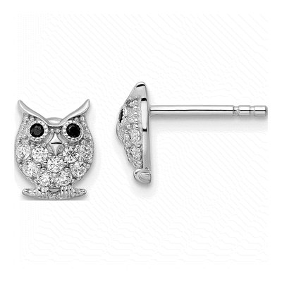 Sterling Silver Round CZ Owl Stud Earrings