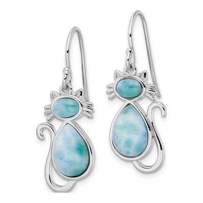 Sterling Silver Larimar Cat Dangle Earrings – view 3