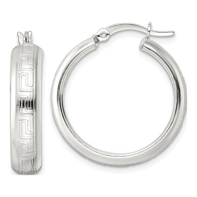 Sterling Silver 26mm Greek Key Hoop Earrings
