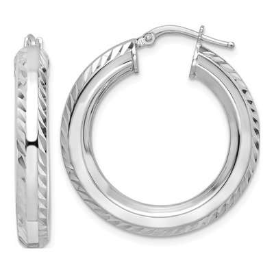 Sterling Silver 30mm Diamond-Cut Octagon Tube Hoop Earrings