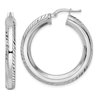 Sterling Silver 34mm Diamond-Cut Octagon Hoop Earrings