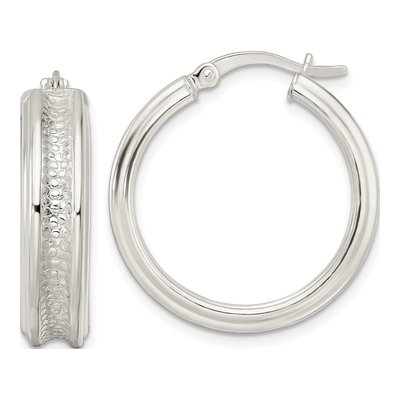 Sterling Silver 26mm Textured Circle Hoop Earrings