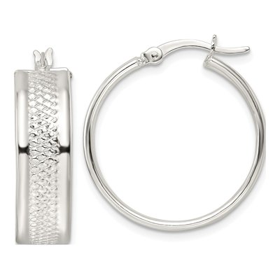 Sterling Silver 26mm Textured Hoop Earrings