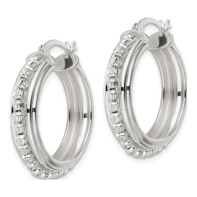 Sterling Silver 29mm Diamond-Cut Beaded Hoop Earrings – view 3