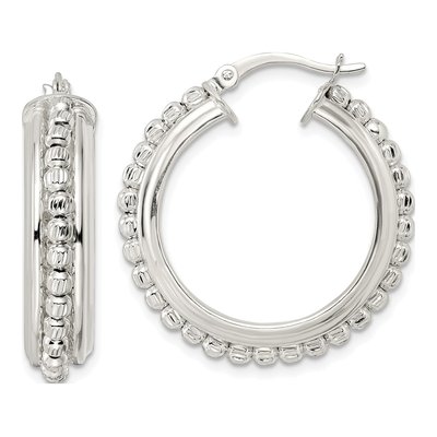 Sterling Silver 29mm Diamond-Cut Beaded Hoop Earrings
