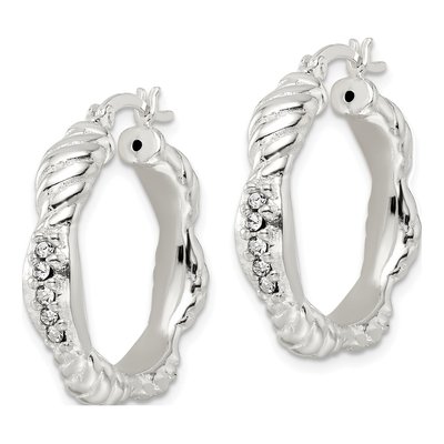 Sterling Silver 27mm CZ Twisted Scalloped Hoop Earrings – view 3
