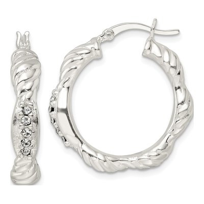 Sterling Silver 27mm CZ Twisted Scalloped Hoop Earrings