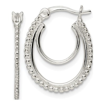 Sterling Silver 20mm Beaded Double Oval Hoop Earrings