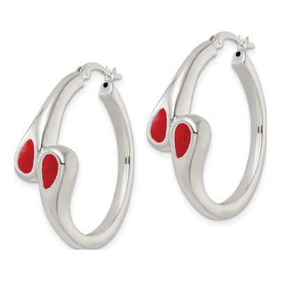 Sterling Silver 33mm Red Enameled Bypass Circle Hoop Earrings – view 3