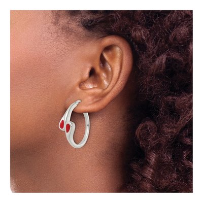 Sterling Silver 33mm Red Enameled Bypass Circle Hoop Earrings – view 4