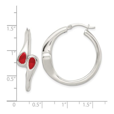 Sterling Silver 33mm Red Enameled Bypass Circle Hoop Earrings – view 5