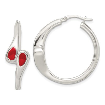 Sterling Silver 33mm Red Enameled Bypass Circle Hoop Earrings