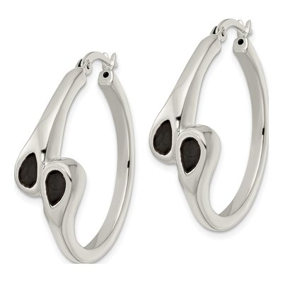 Sterling Silver 33mm Black Enamel Hearts Circle Hoop Earrings – view 3