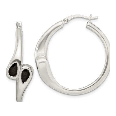 Sterling Silver 33mm Black Enamel Hearts Circle Hoop Earrings