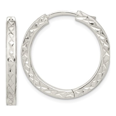 Sterling Silver 28mm Diamond-Cut Locking Huggie Hoop Earrings