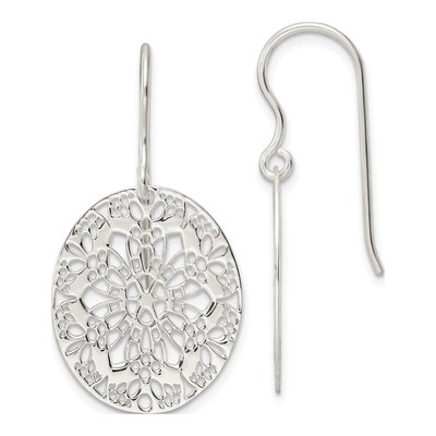 Sterling Silver Floral Oval Dangle Earrings