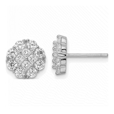 Sterling Silver Round CZ Flower Cluster Stud Earrings