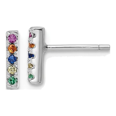 Sterling Silver Round CZ Multi-Color Bar Stud Earrings