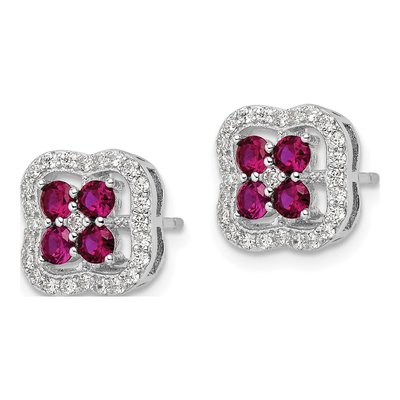 Sterling Silver Created Ruby & CZ Clover Earrings – view 3
