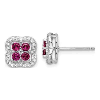 Sterling Silver 1.25mm Round Lab-Created Ruby & CZ Clover Stud Earrings