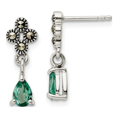 Sterling Silver Marcasite Green Quartz Dangle Earrings