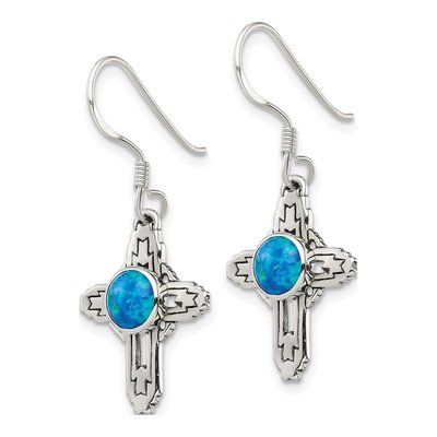 Sterling Silver Lab-Created Opal Antiqued Cross Dangle Earrings – view 3