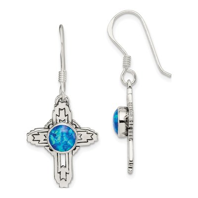 Sterling Silver Lab-Created Opal Antiqued Cross Dangle Earrings