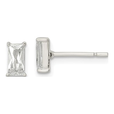 Sterling Silver Octagon / Emerald CZ Emerald-Cut Stud Earrings