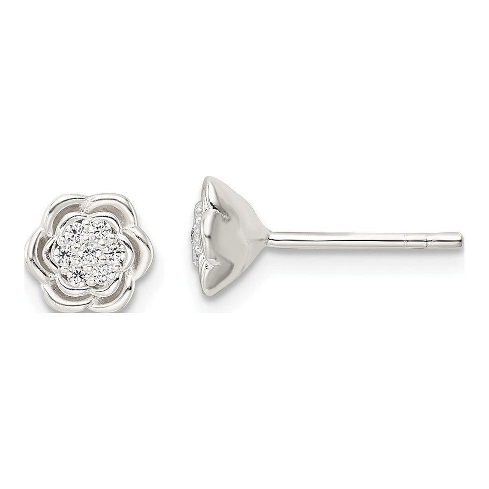 Sterling Silver Round CZ Floral Button Stud Earrings