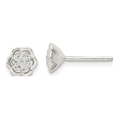 Sterling Silver Round CZ Floral Button Stud Earrings