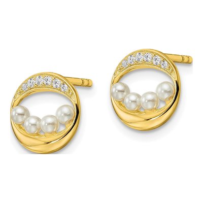 Gold-Plated Sterling Silver Round Pearl & CZ Shell Button Stud Earrings – view 3