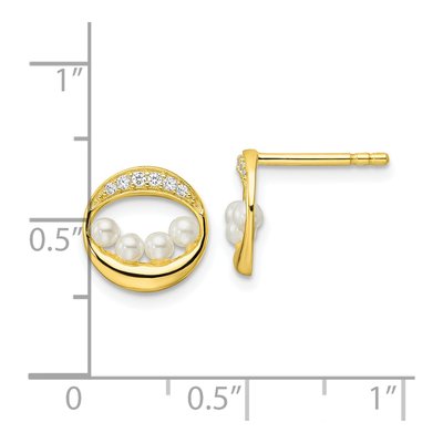 Gold-Plated Sterling Silver Round Pearl & CZ Shell Button Stud Earrings – view 5