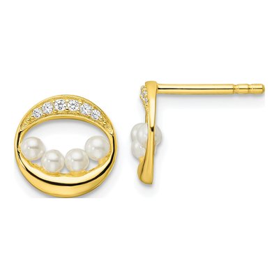 Gold-Plated Sterling Silver Round Pearl & CZ Shell Button Stud Earrings